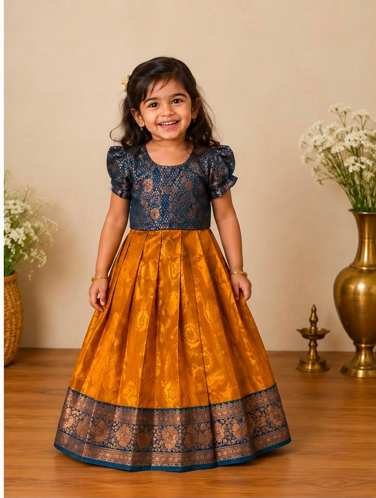 Elegant Gold & Blue Pattu pavada (Skirt & Blouse) - Image 2