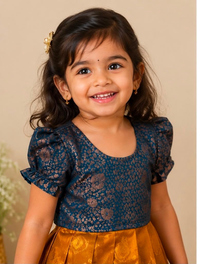 Elegant Gold & Blue Pattu pavada (Skirt & Blouse)