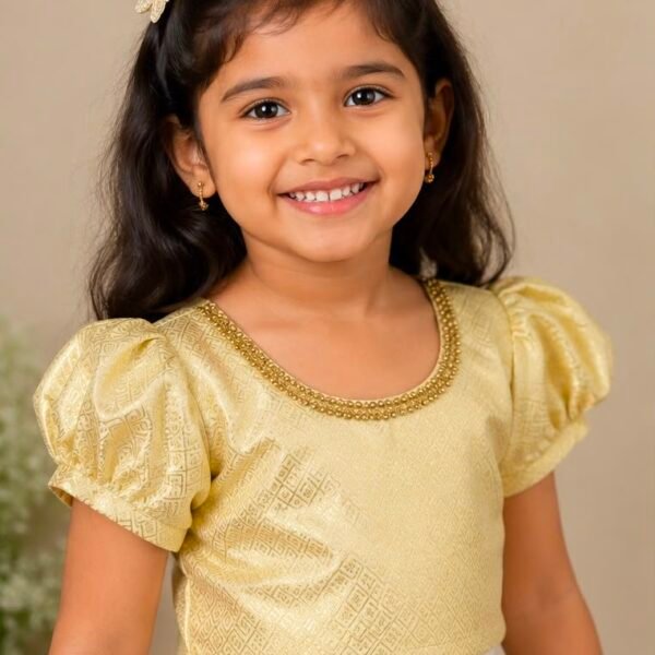 Elegant Soft Gold & Off-White Sequined Pattu Pavadai Set (Skirt & Blouse)