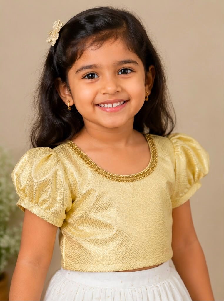 Elegant Soft Gold & Off-White Sequined Pattu Pavadai Set (Skirt & Blouse)