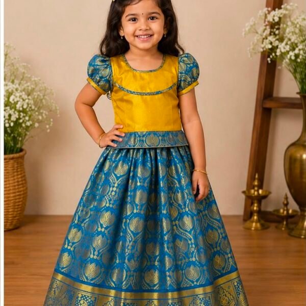 Vibrant golden & Blue Silk Pattu Pavadai Set (Skirt & Blouse)