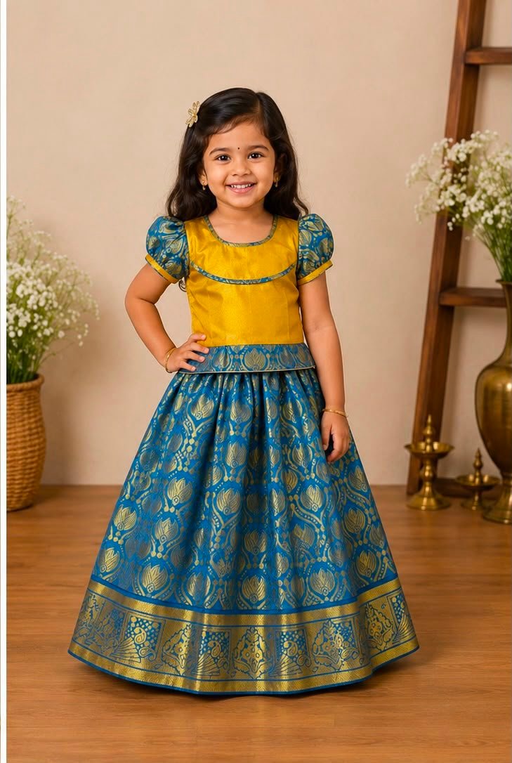 Vibrant golden & Blue Silk Pattu Pavadai Set (Skirt & Blouse)