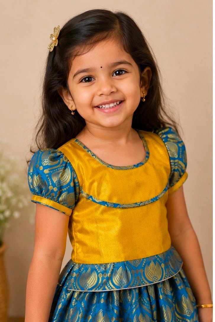 Vibrant golden & Blue Silk Pattu Pavadai Set (Skirt & Blouse) - Image 2