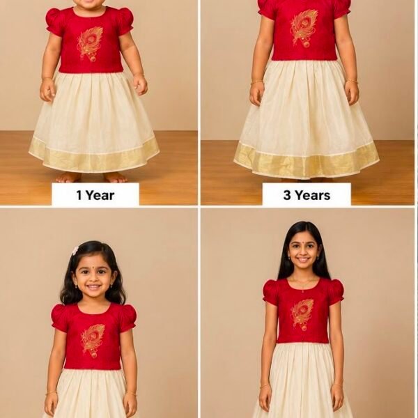 Elegant Deep Red golden Peacock Feather & Cream Pattu Pavadai Set (Skirt & Blouse)