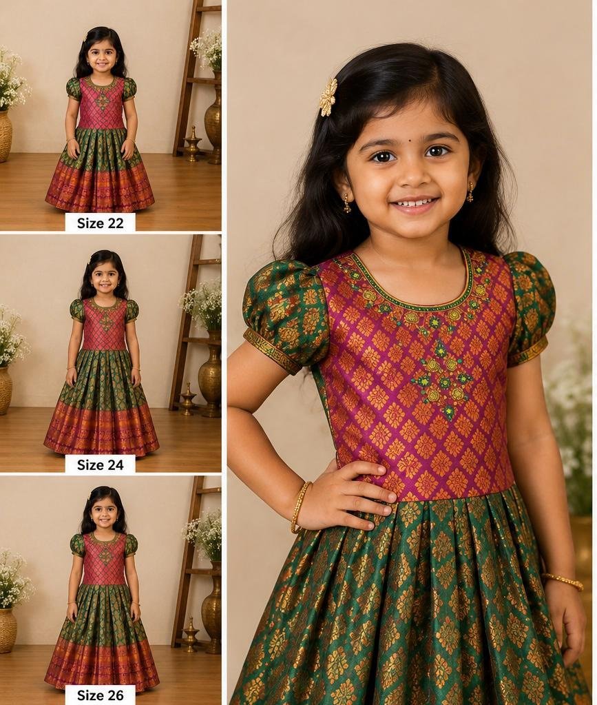 Magenta & Bottle Green Silk Traditional Pattu Frock