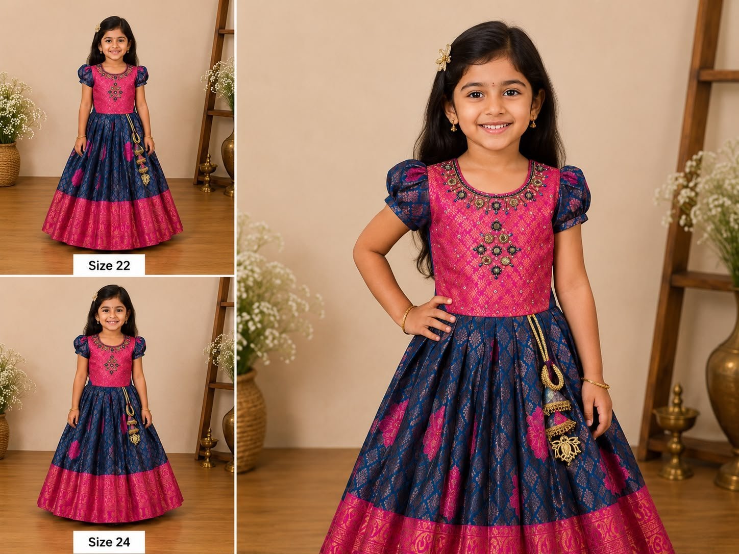 Magenta & Teal Blue Silk Traditional Pattu Frock - Image 2