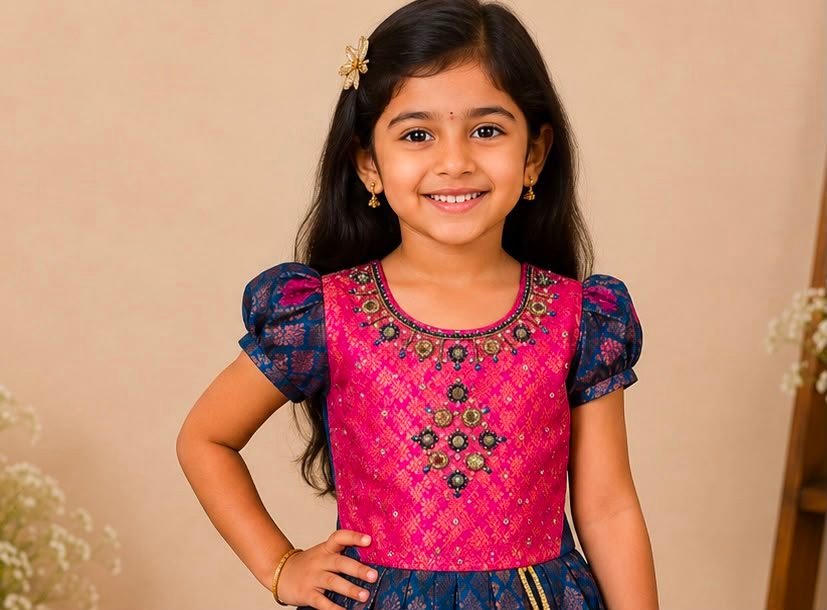 Magenta & Teal Blue Silk Traditional Pattu Frock