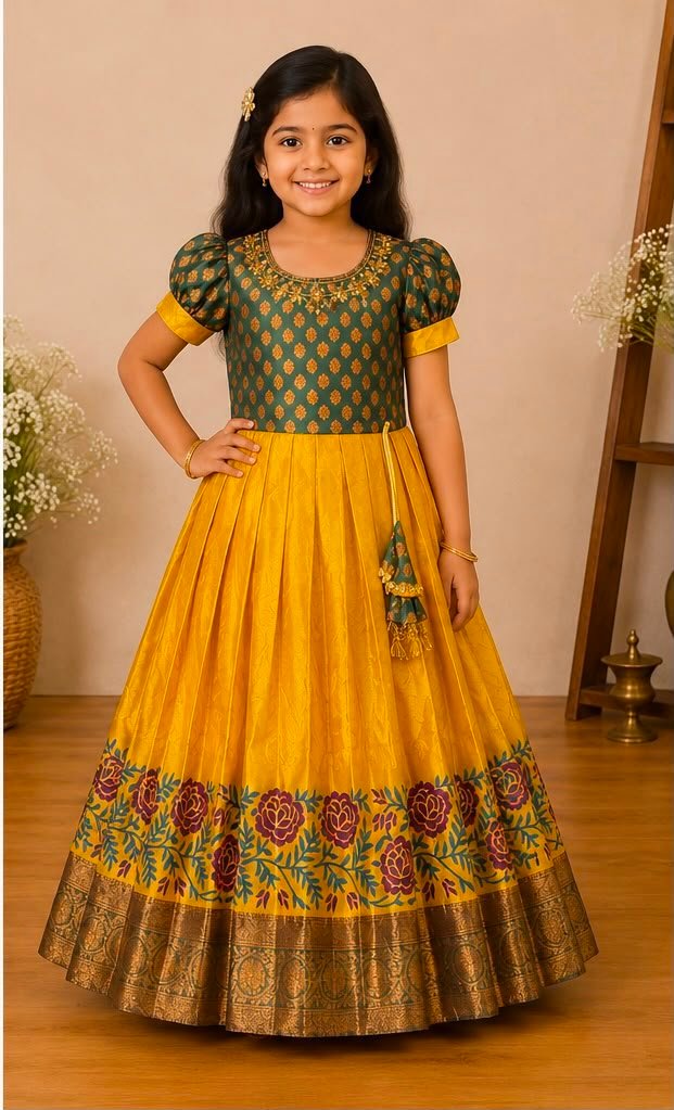 Green & Yellow Silk Traditional Pattu Frock - Image 2