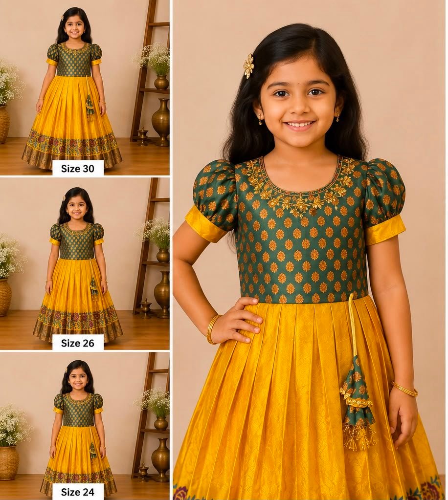 Green & Yellow Silk Traditional Pattu Frock