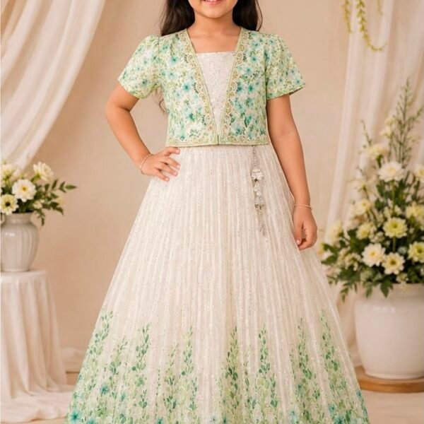 Elegant Off-White & Mint Green Floral Sequined  Frock