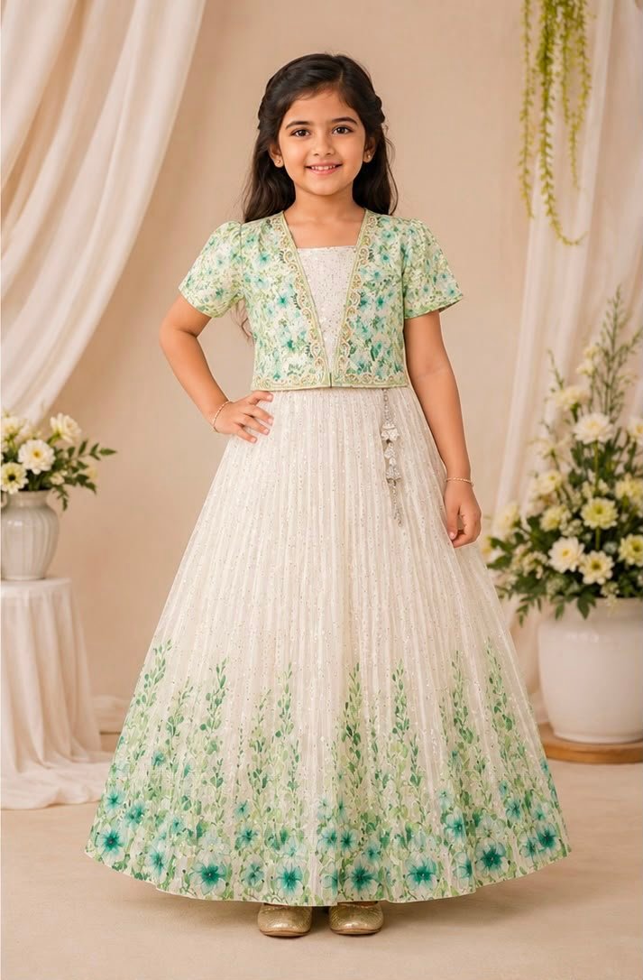 Elegant Off-White & Mint Green Floral Sequined  Frock