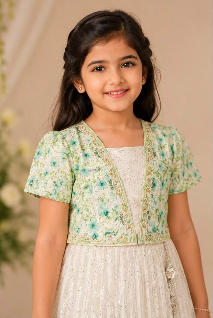 Elegant Off-White & Mint Green Floral Sequined Frock - Image 2