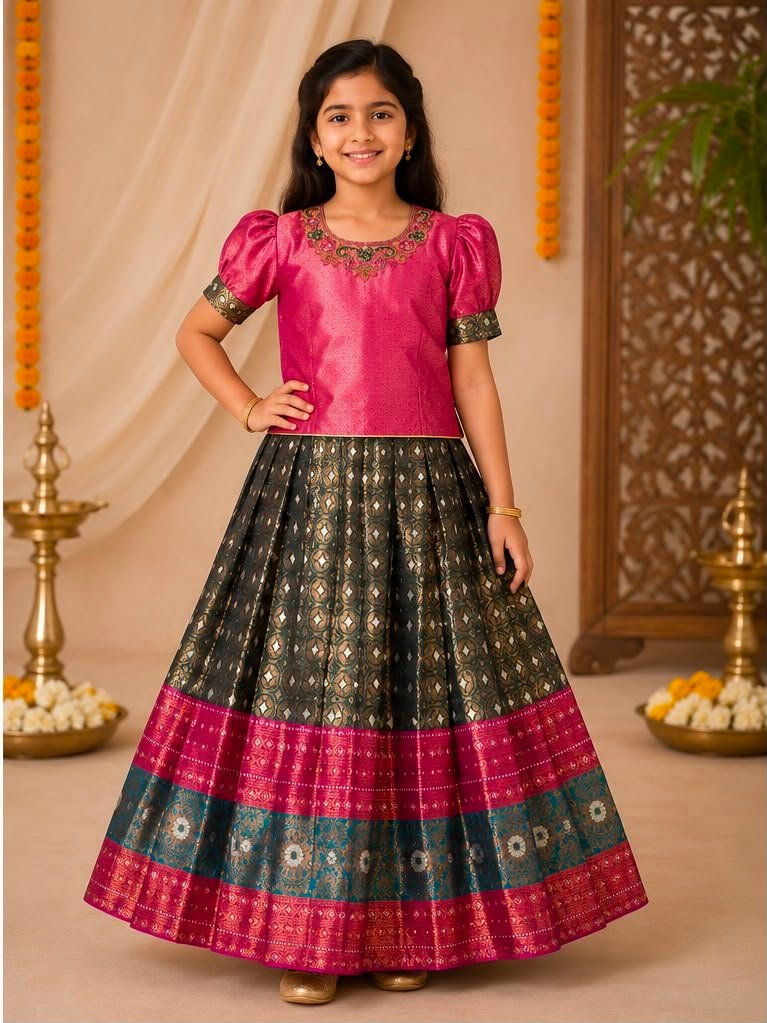Orchid Pink & Olive Green Silk Skirt and Blouse Set - Image 2