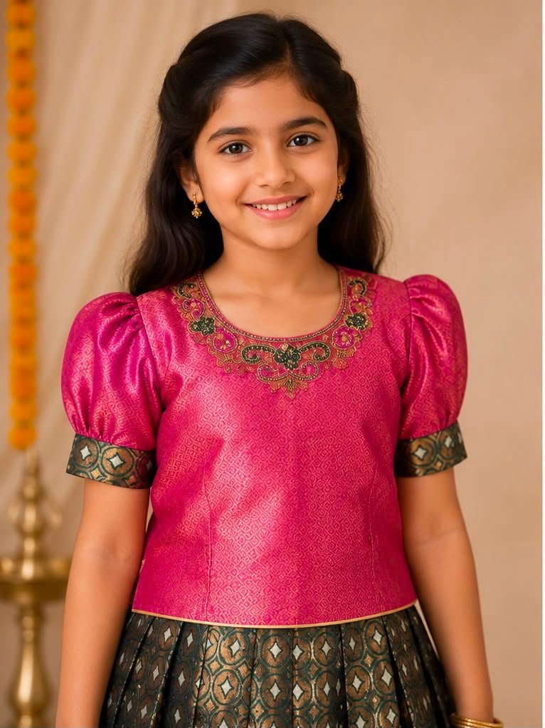 Orchid Pink & Olive Green Silk Skirt and Blouse Set