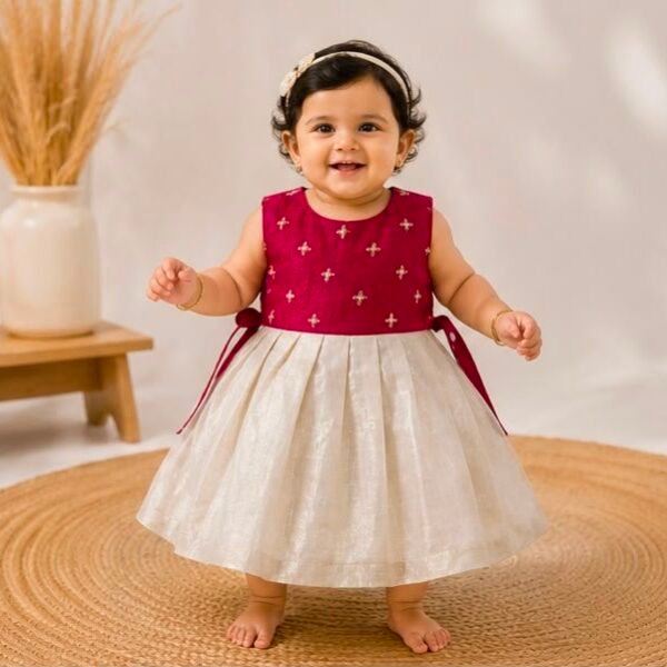 Festive Meroon & Off-White Embroidered Baby Frock
