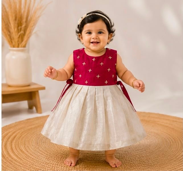 Festive Meroon & Off-White Embroidered Baby Frock