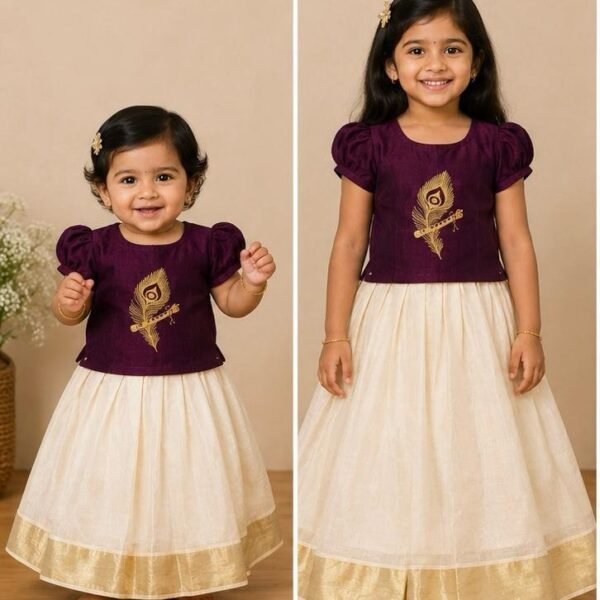 Elegant Maroon Peacock Feather & Cream Pattu Pavadai Set (Skirt & Blouse)