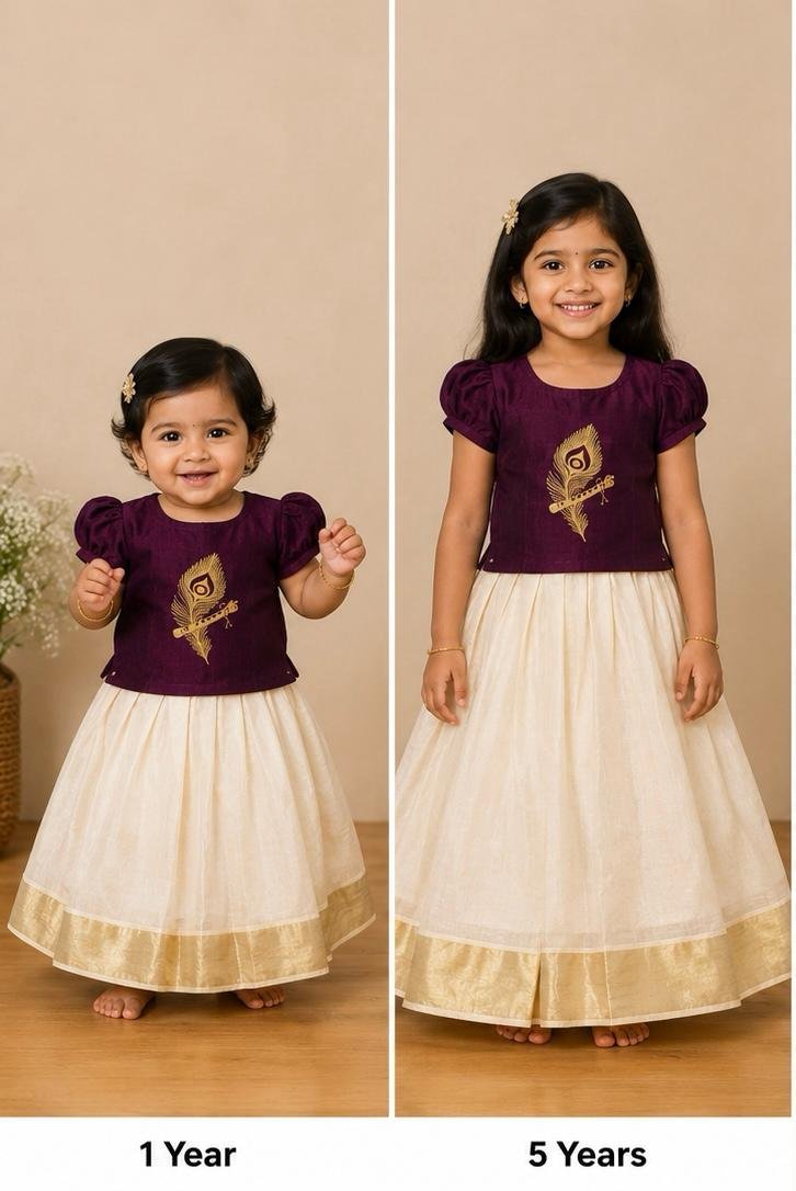 Elegant Maroon Peacock Feather & Cream Pattu Pavadai Set (Skirt & Blouse)
