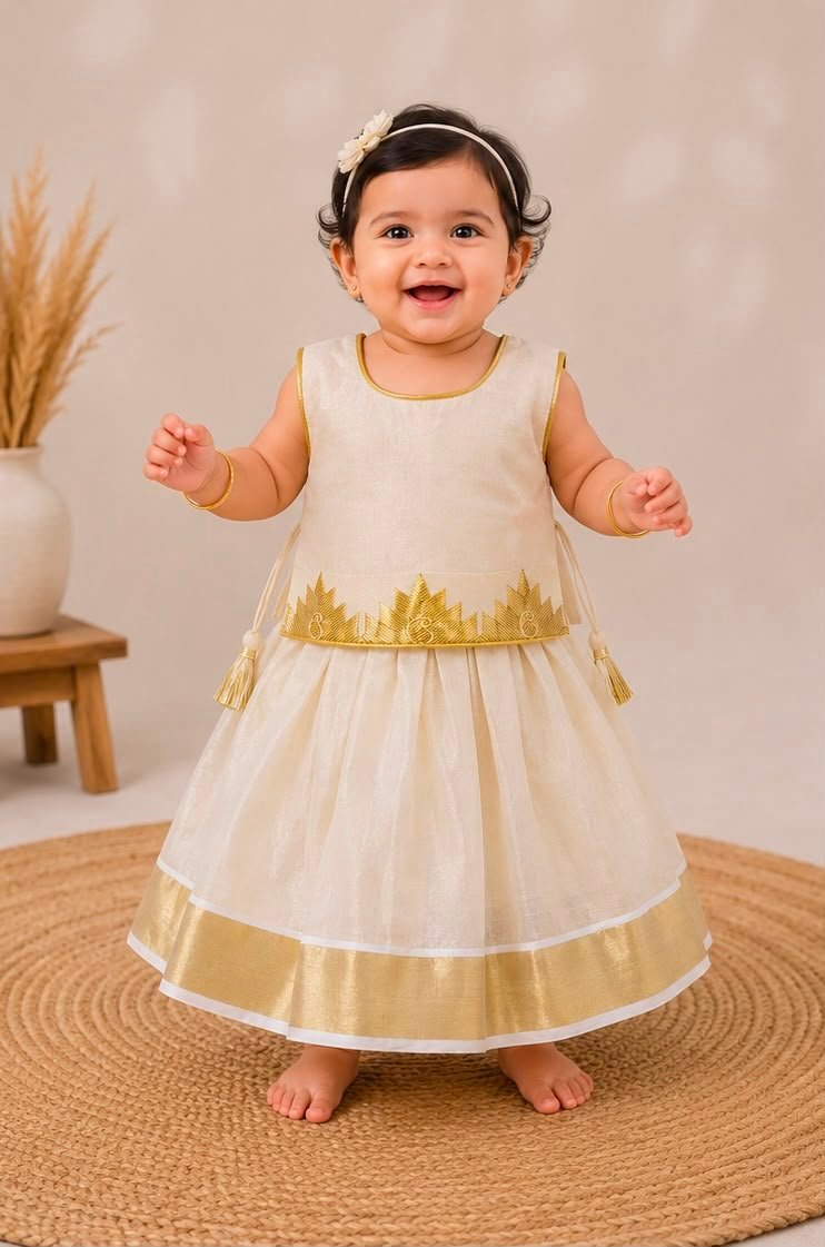 Elegant Off-White & Gold Baby Skirt and Blouse Set