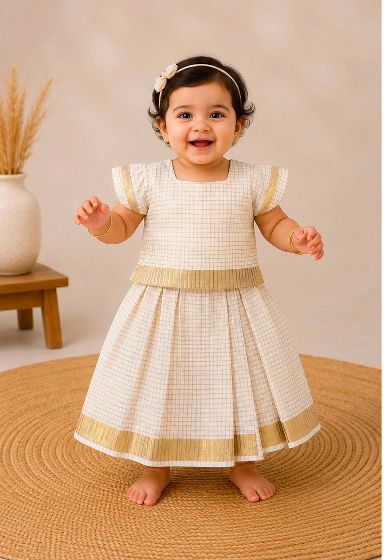 Charming Cream & Gold Checked Skirt and Blouse Set - Image 2