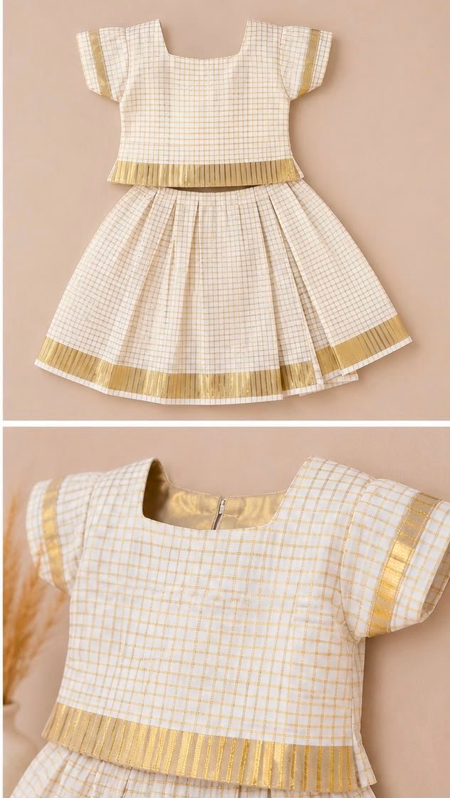Charming Cream & Gold Checked Skirt and Blouse Set
