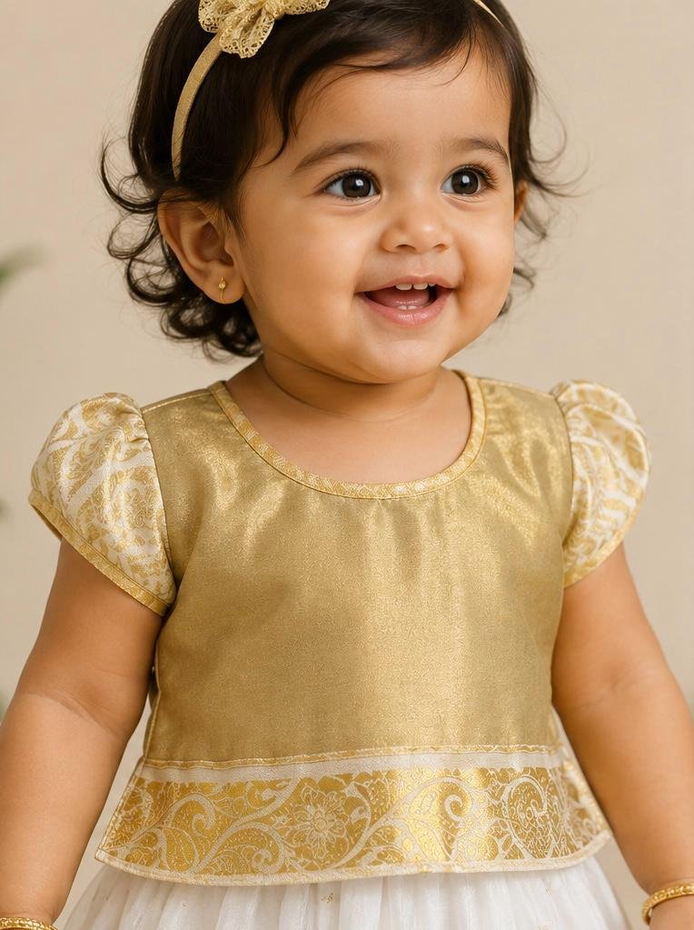 Elegant Gold & Off-White Skirt and Blouse Set [Pattu Pavada]