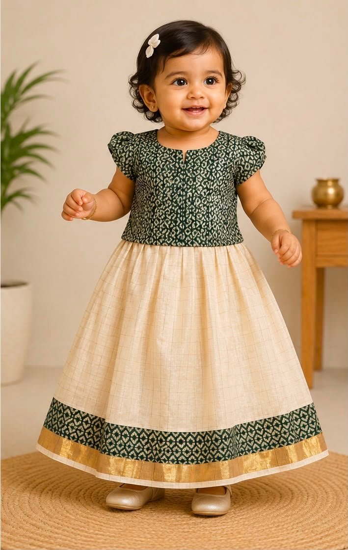 Traditional Green & Cream Pattu Pavadai Set (Skirt & Blouse) - Image 2