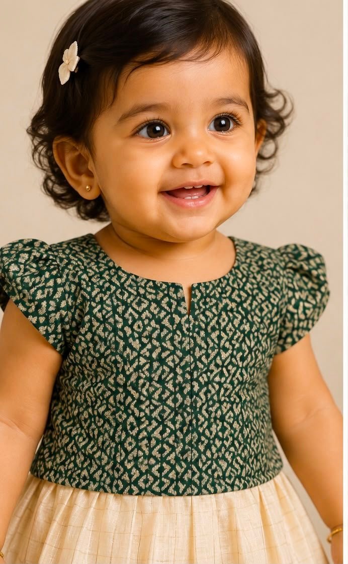 Traditional Green & Cream Pattu Pavadai Set (Skirt & Blouse)