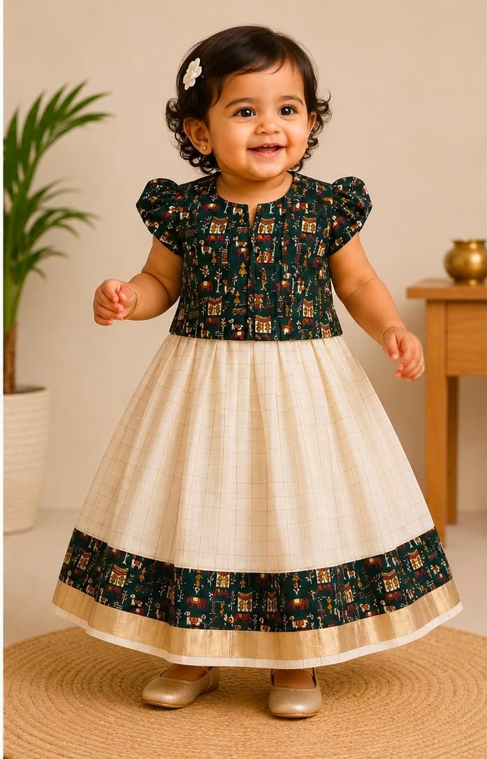 Traditional Bottle Green Elephant Print & Cream Pattu Pavadai Set (Skirt & Blouse) - Image 2