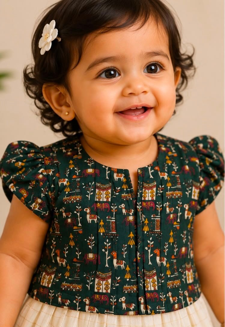 Traditional Bottle Green Elephant Print & Cream Pattu Pavadai Set (Skirt & Blouse)