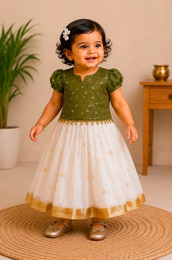Elegant Olive Green Sequined & Off-White Skirt and Blouse Set