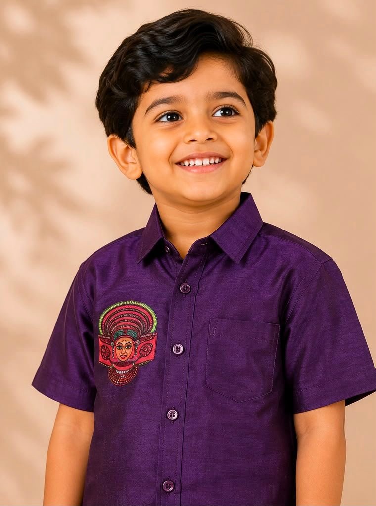 Boys' Royal Purple Theyyam Motif Mundu & Shirt Set - Image 2