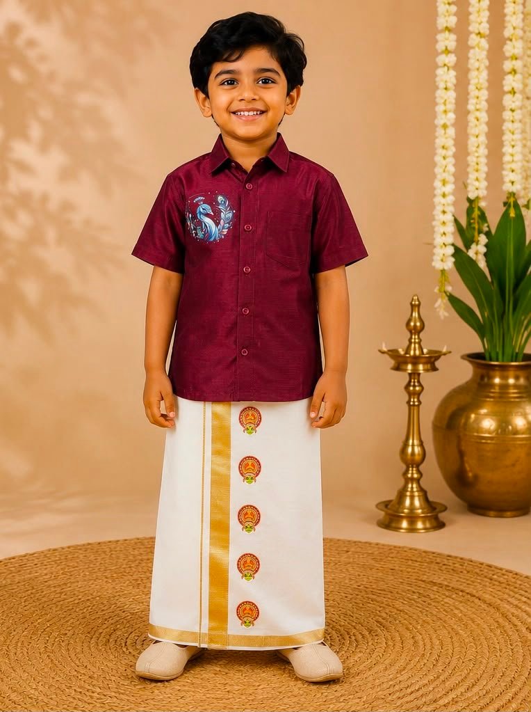 Traditional Boys Maroon Shirt & Ready to wear Dhoti - Image 2