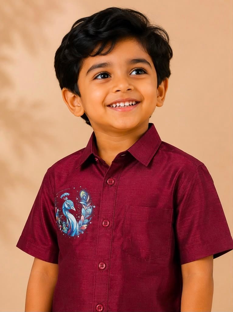 Traditional Boys Maroon Shirt & Ready to wear Dhoti