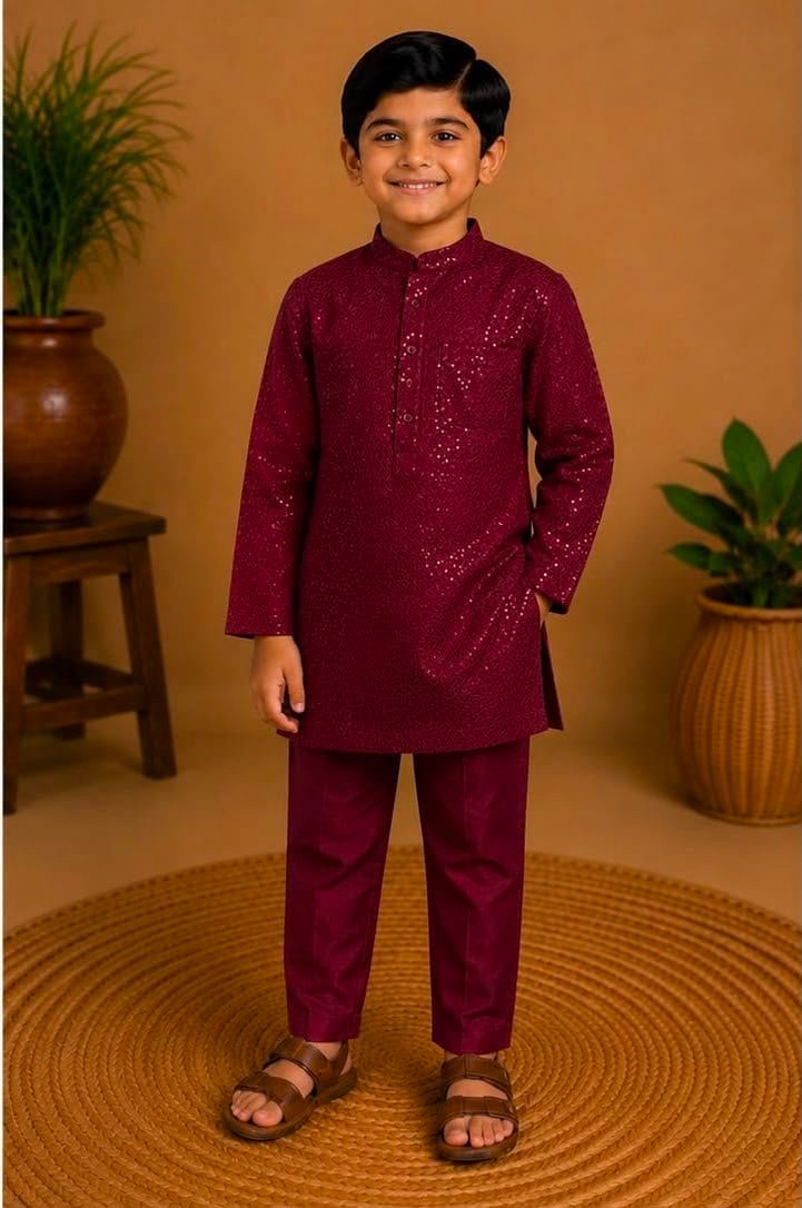 Boys Wine Maroon Sequinned Kurta & pant