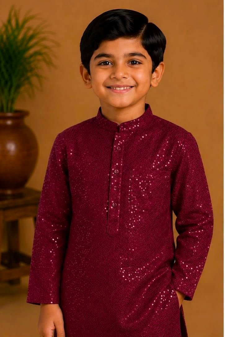 Boys Wine Maroon Sequinned Kurta & pant - Image 2