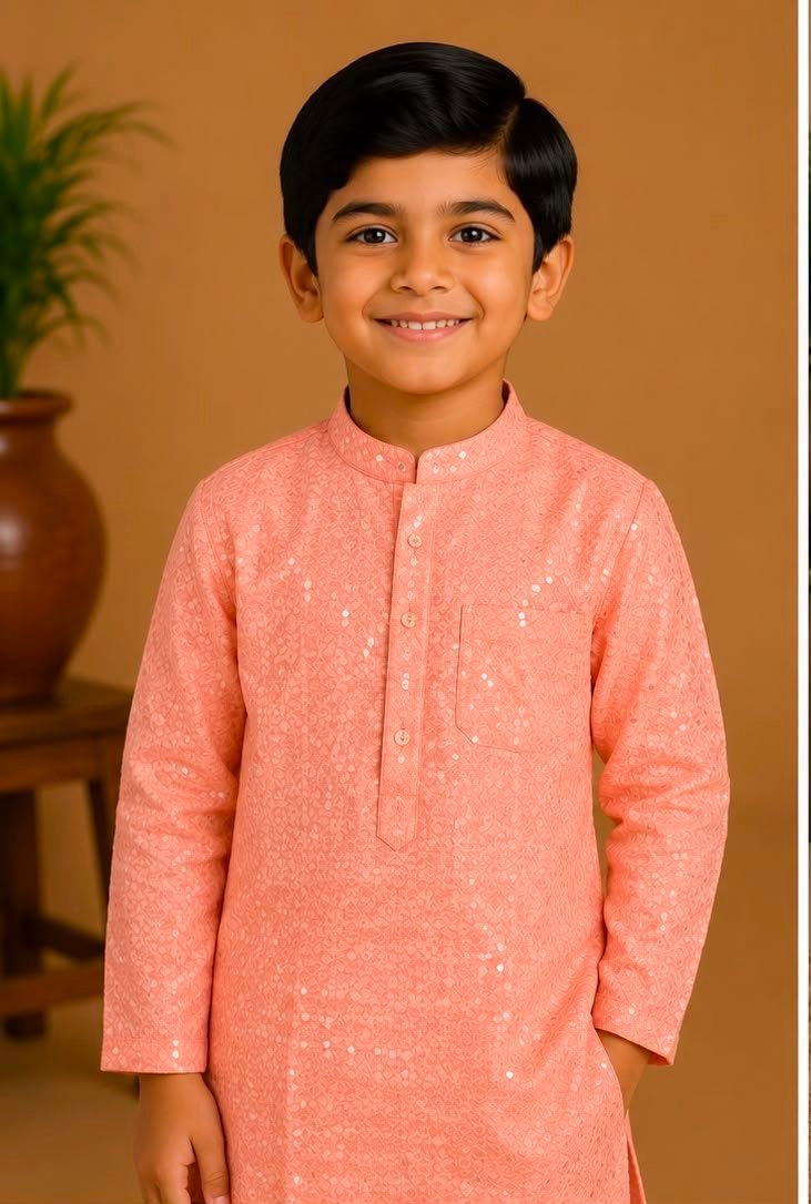 Boys Peach Sequinned Kurta & Pants Set - Image 2