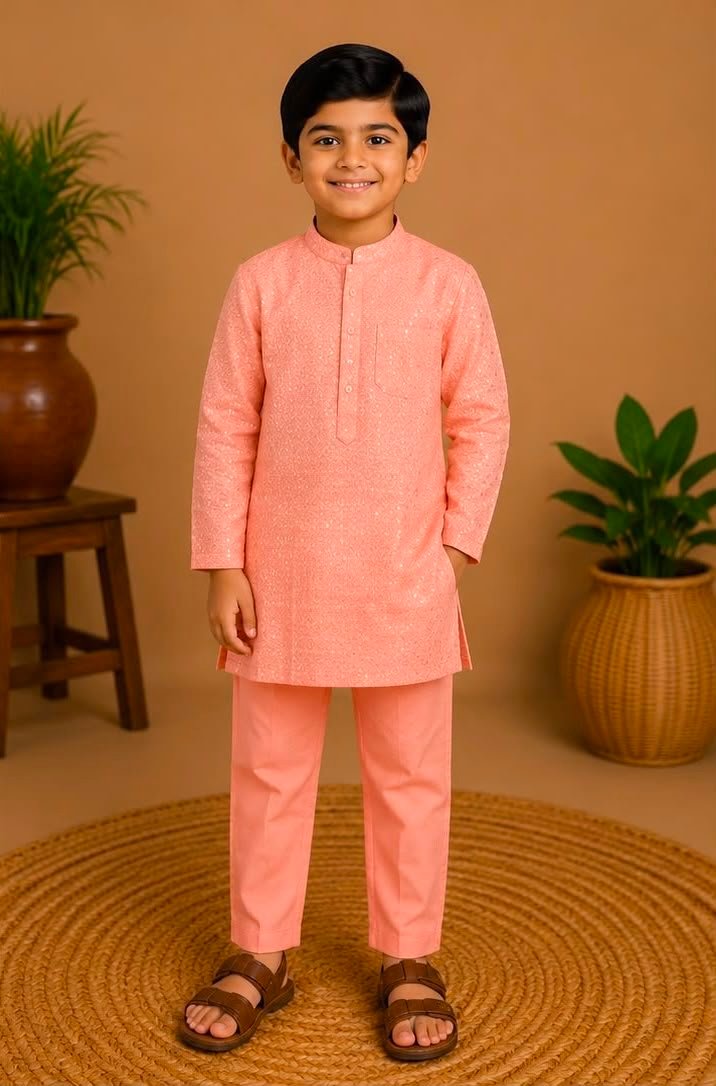 Boys Peach Sequinned Kurta & Pants Set