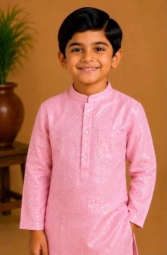 Boys Light Pink Sequinned Kurta & Pants Set - Image 2