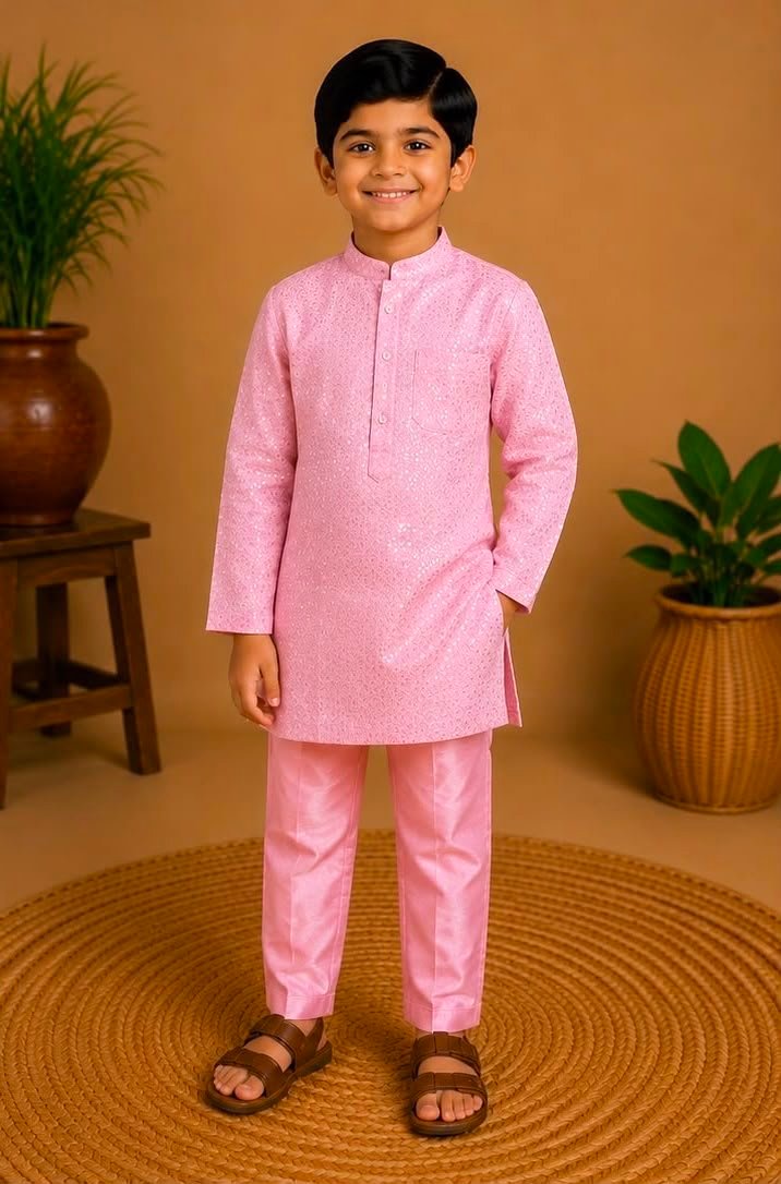 Boys Light Pink Sequinned Kurta & Pants Set
