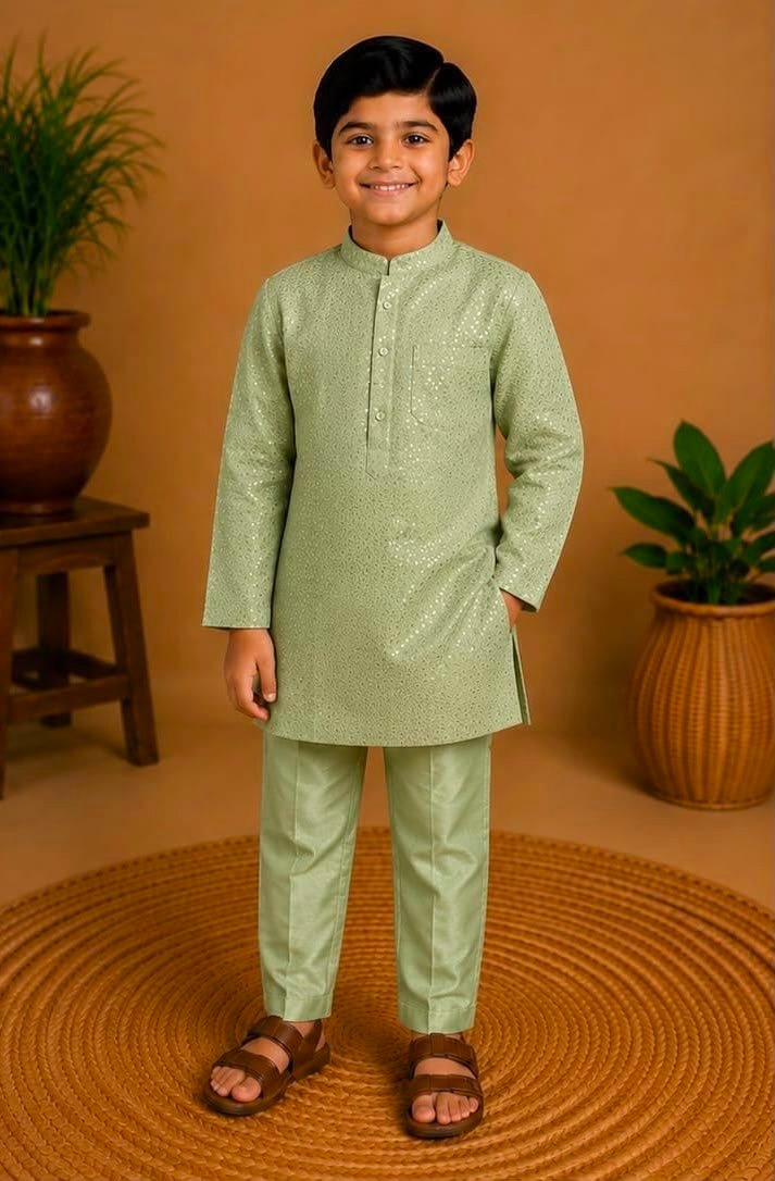 Boys Mint Green Sequinned Kurta & Pants Set