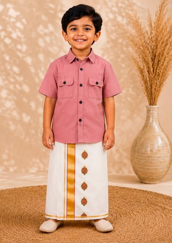 Boys Dusty Pink Casual Shirt & Ready ro wear Dhoti Set