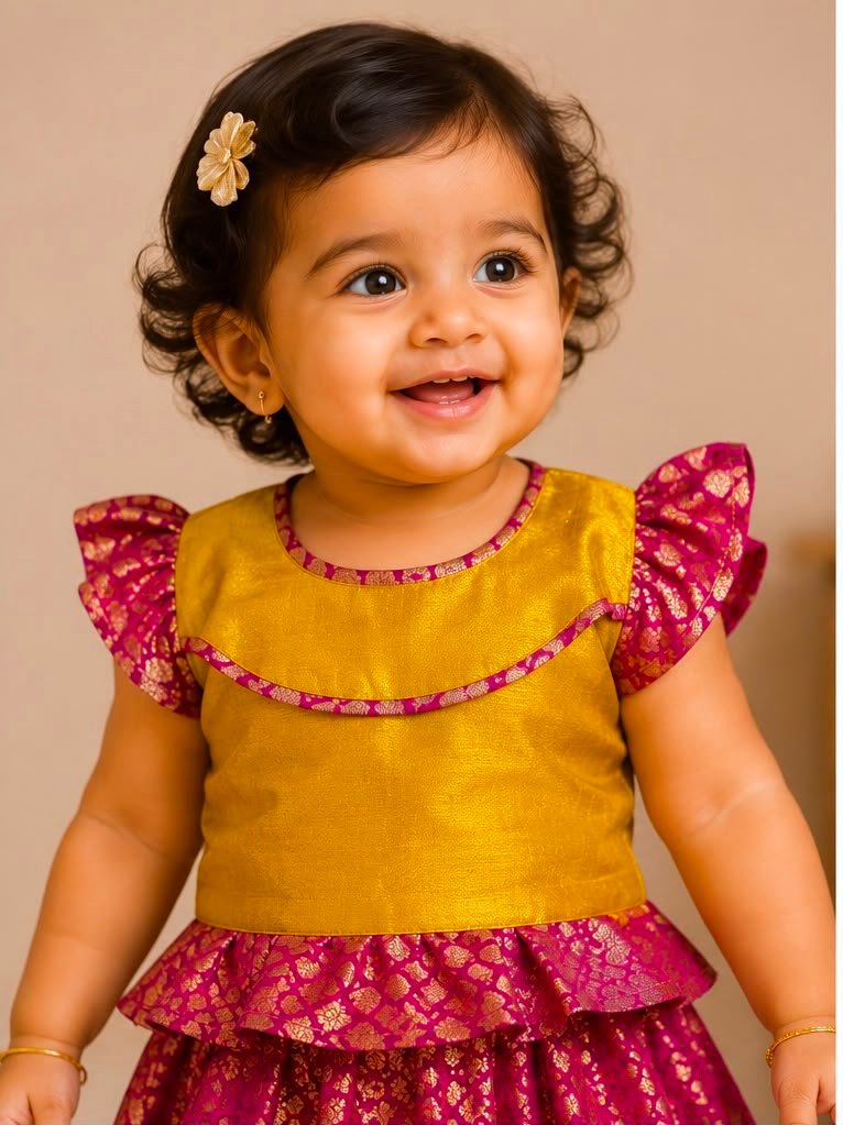 Girls Gold & Rose Pattu Pavada - Image 2