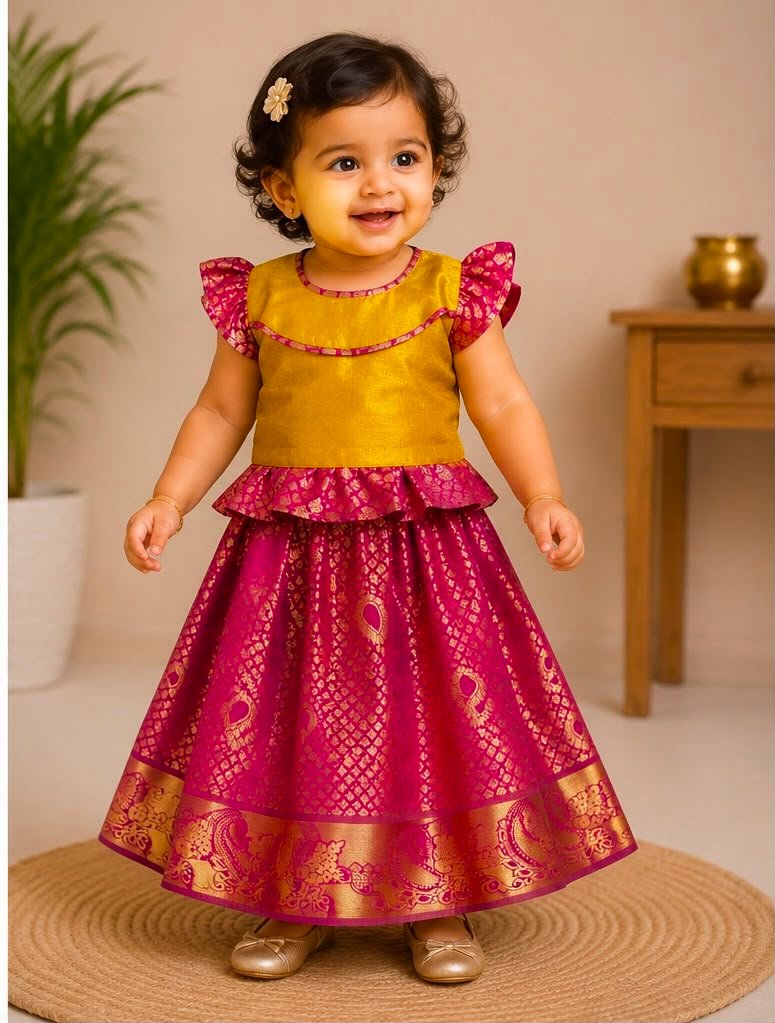 Girls Gold & Rose Pattu Pavada