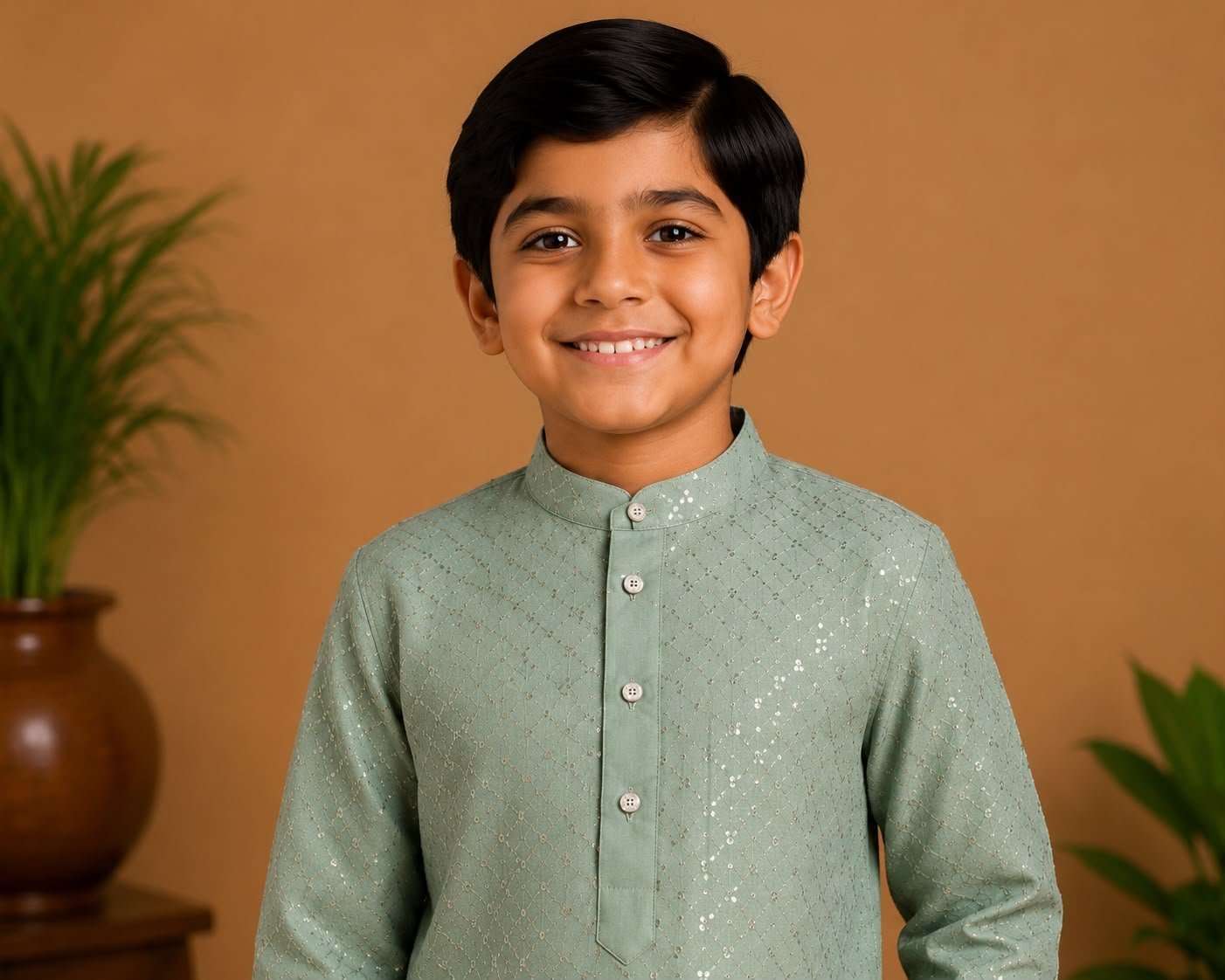 Boys Sage Green Stitched Dots Kurta & Pants Set