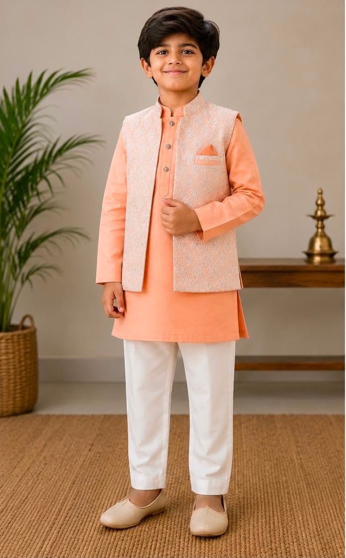 Boys Peach Kurta, White Pants & Embroidered Nehru Jacket Set