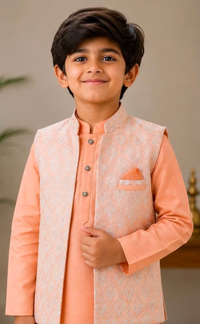 Boys Peach Kurta, White Pants & Embroidered Nehru Jacket Set - Image 2