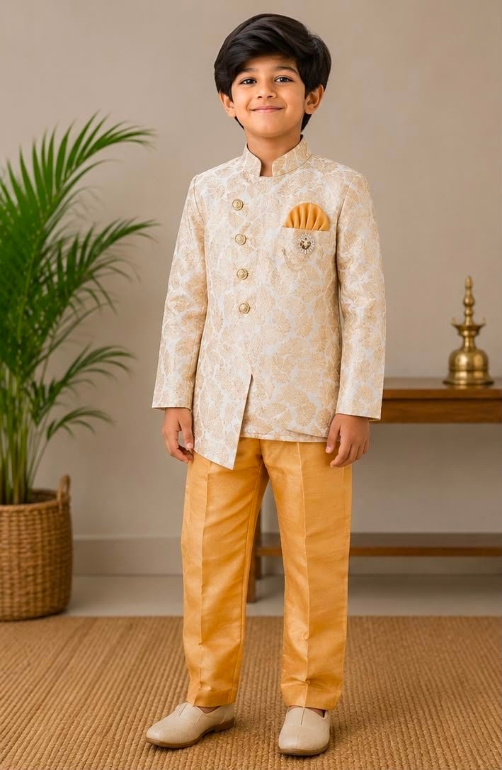Boys Cream Jacquard Sherwani & Ochre Pants Set