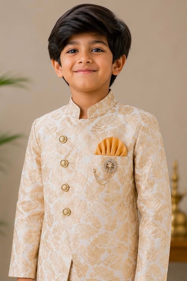 Boys Cream Jacquard Sherwani & Ochre Pants Set - Image 2