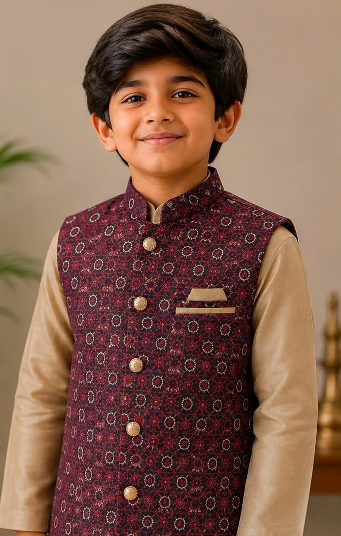 Boys  Kurta, Pants & Printed Nehru Jacket set